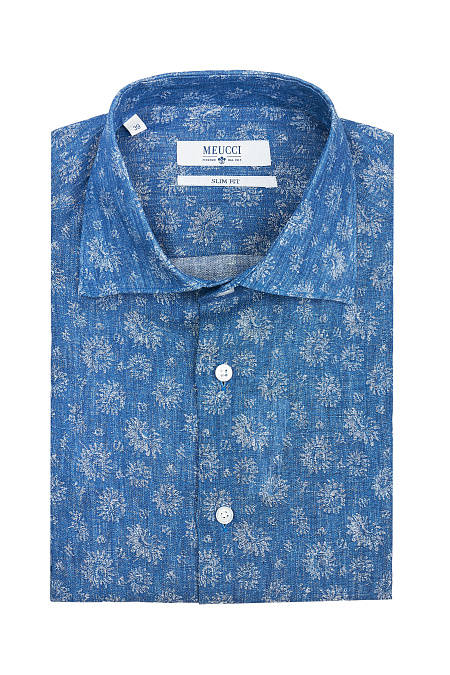 Мужская брендовая льняная рубашка с цветочным принтом  арт. SL 90100 R/NK082 Meucci (Италия) - фото. Цвет: Синий . 
