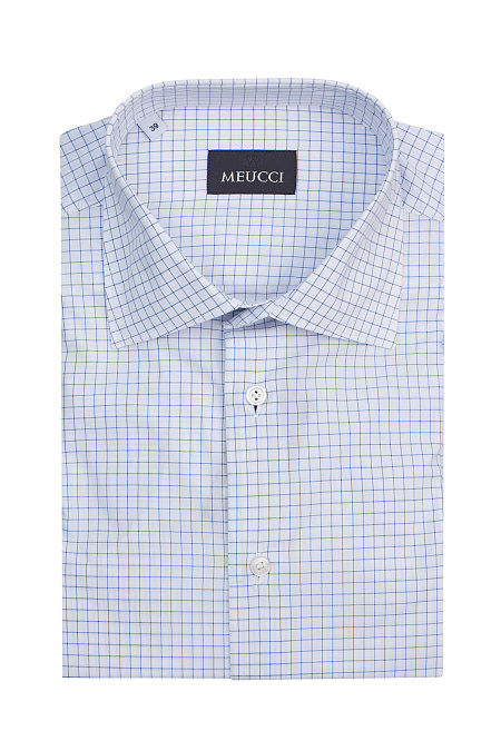 Модная мужская хлопковая рубашка с коротким рукавом  арт. SL 90202 R CEL 9191/141934K от Meucci (Италия) - фото. Цвет: Белый в синюю клетку.
