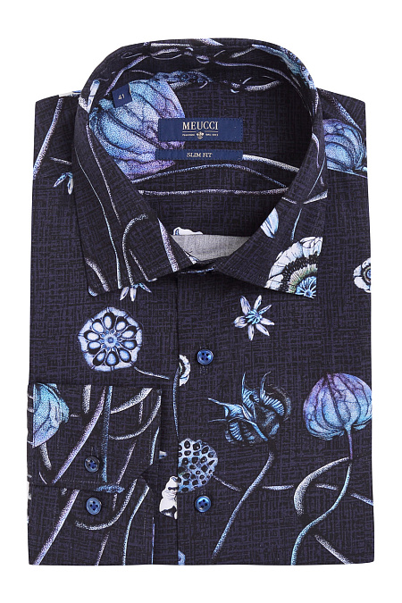 Модная мужская приталенная рубашка с принтом арт. SL 90204 R 32171/141535 от Meucci (Италия) - фото. Цвет: Синий. Купить в интернет-магазине https://shop.meucci.ru


