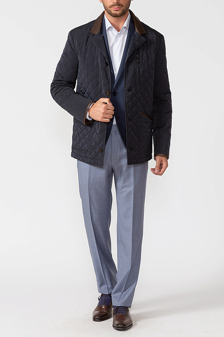 Утепленная стеганая куртка-пиджак на пуговицах с отделкой кожей для мужчин бренда Meucci (Италия), арт. 9964  - фото. Цвет: Темно-синий. Купить в интернет-магазине https://shop.meucci.ru
