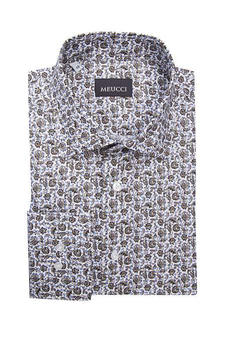 Модная мужская рубашка хлопковая с цветочным принтом  арт. SL 902022 RL 91LA/302210 от Meucci (Италия) - фото. Цвет: коричнево-голубой цветочный принт.
