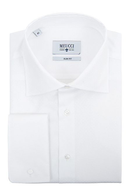 Модная мужская белая хлопковая рубашка под запонки арт. SL 9202304 R 10172/151301Z от Meucci (Италия) - фото. Цвет: Белый, жаккард. Купить в интернет-магазине https://shop.meucci.ru

