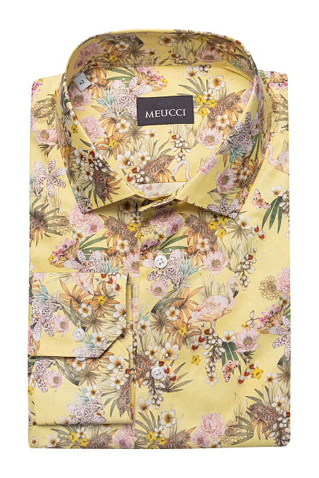 Модная мужская рубашка из хлопка желтая с цветным принтом арт. SL 902020 R 91AG/302116 от Meucci (Италия) - фото. Цвет: Желтый с цветным принтом. Купить в интернет-магазине https://shop.meucci.ru

