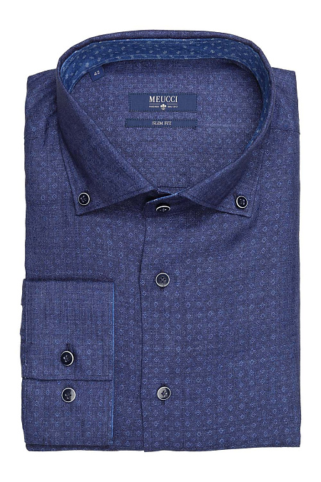 Модная мужская синяя рубашка с микроузором из льна арт. SL 93407 R 22362/141188 от Meucci (Италия) - фото. Цвет: Синий с микроузором. Купить в интернет-магазине https://shop.meucci.ru

