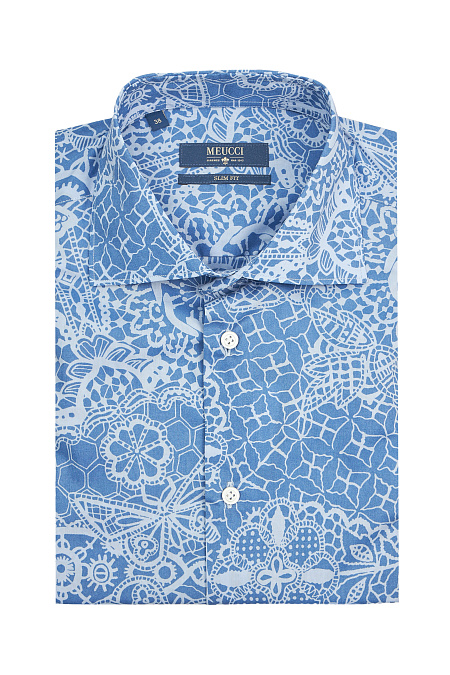Модная мужская хлопковая рубашка с коротким рукавом арт. SL 90100 R/NK204 K от Meucci (Италия) - фото. Цвет: Сине-белый принт.
