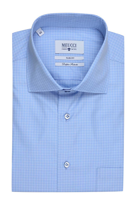 Модная мужская рубашка с короткими рукавами арт. SL 90100 R 12162/141151 Короткий рукав от Meucci (Италия) - фото. Цвет: Голубой, белая клетка. Купить в интернет-магазине https://shop.meucci.ru

