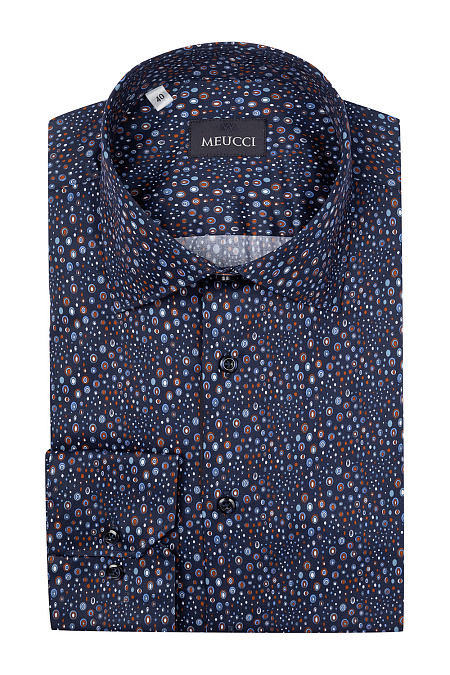 Модная мужская рубашка с цветным принтом арт. SL212017 от Meucci (Италия) - фото. Цвет: Темно-синий с орнаментом. Купить в интернет-магазине https://shop.meucci.ru

