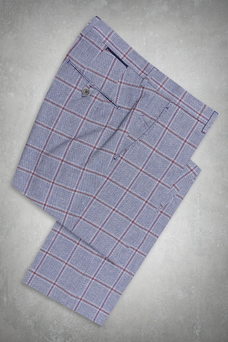Мужские брендовые брюки арт. KT3100 BLUE Meucci (Италия) - фото. Цвет: Серо-голубой в бордовую клетку. Купить в интернет-магазине https://shop.meucci.ru

