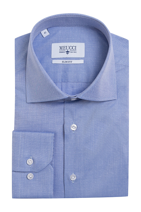 Модная мужская приталенная рубашка из хлопка с длинными рукавами арт. SL90202R1020182/1603 от Meucci (Италия) - фото. Цвет: Синий с принтом. Купить в интернет-магазине https://shop.meucci.ru

