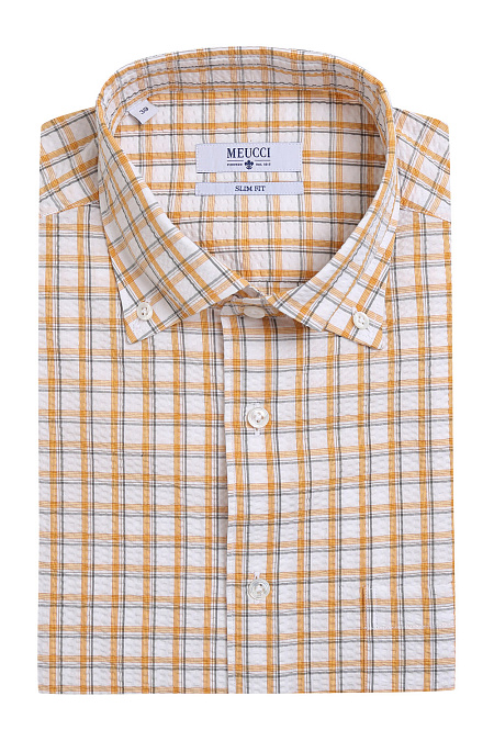 Модная мужская рубашка в клетку из тонкого хлопка с короткими рукавами арт. MS18065 от Meucci (Италия) - фото. Цвет: Белый в оранжевую клетку. Купить в интернет-магазине https://shop.meucci.ru


