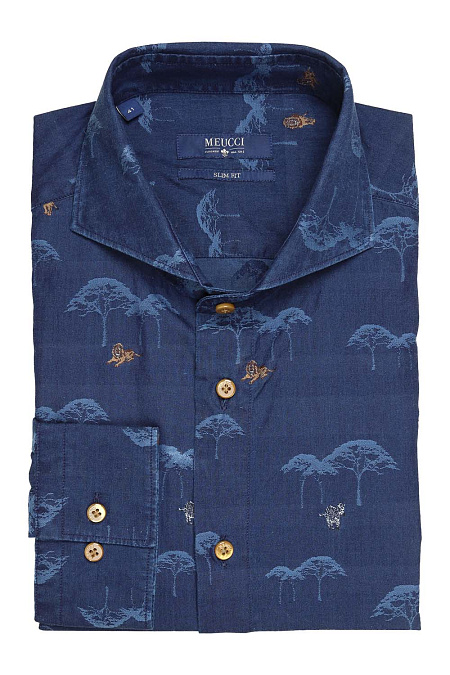 Модная мужская приталенная рубашка из хлопка арт. SL 93107 R 32162/141195 от Meucci (Италия) - фото. Цвет: Синий с орнаментом. Купить в интернет-магазине https://shop.meucci.ru

