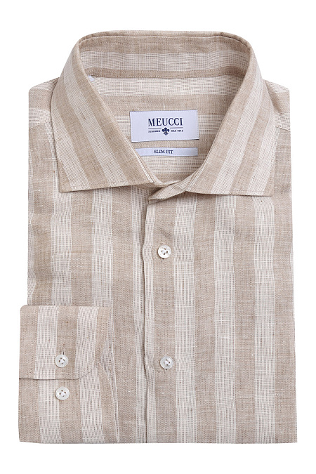 Модная мужская приталенная рубашка из льна арт. MS18050 от Meucci (Италия) - фото. Цвет: Бежевый в полоску. Купить в интернет-магазине https://shop.meucci.ru

