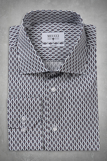 Мужская брендовая рубашка арт. SL 90102R 39152/141024 Meucci (Италия) - фото. Цвет: Белый с цветным орнаментом. Купить в интернет-магазине https://shop.meucci.ru

