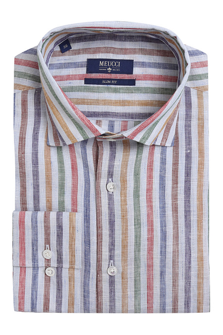 Модная мужская льняная рубашка в полоску арт. MS18073 от Meucci (Италия) - фото. Цвет: Белый в разноцветную полоску. Купить в интернет-магазине https://shop.meucci.ru

