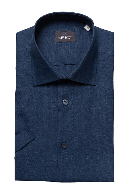 Модная мужская льняная рубашка темно-синяя с коротким рукавом арт. SL 9020 R BAS 0291/182083 K от Meucci (Италия) - фото. Цвет: Темно-синий. Купить в интернет-магазине https://shop.meucci.ru


