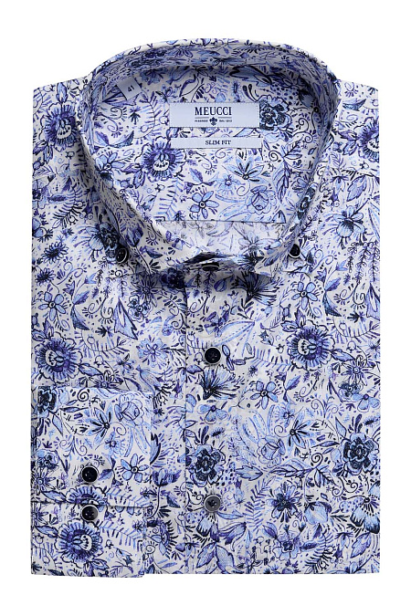 Модная мужская хлопковая рубашка с принтом арт. SL 93407 R 33162/141187 от Meucci (Италия) - фото. Цвет: Белый с цветным принтом. Купить в интернет-магазине https://shop.meucci.ru

