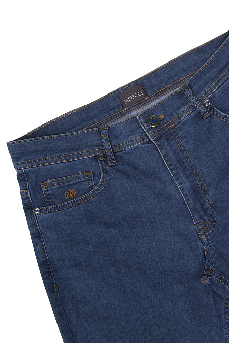 Мужские брендовые тонкие легкие джинсы с оранжевой отстрочкой  арт. LUEC REG 2528 Meucci (Италия) - фото. Цвет: Синий. Купить в интернет-магазине https://shop.meucci.ru
