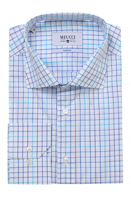 Модная мужская рубашка в клетку с длинными рукавами арт. SL 90102 RL 29172/141351 от Meucci (Италия) - фото. Цвет: Белый/синий в клетку. Купить в интернет-магазине https://shop.meucci.ru

