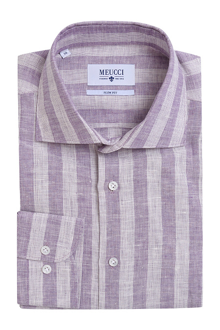 Модная мужская приталенная рубашка из льна арт. MS18051 от Meucci (Италия) - фото. Цвет: Сиреневый в полоску. Купить в интернет-магазине https://shop.meucci.ru

