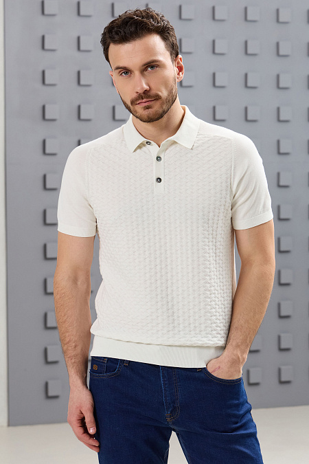 Поло цвета слоновой кости с фактурным орнаментом из хлопка Пима  для мужчин бренда Meucci (Италия), арт. MEU-2613/DQSS02 - фото. Цвет: Слоновая кость. Купить в интернет-магазине https://shop.meucci.ru
