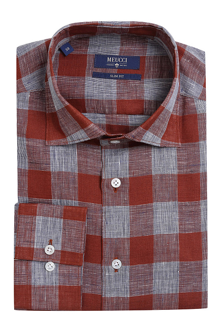 Модная мужская рубашка в крупную клетку из льна арт. MS18070 от Meucci (Италия) - фото. Цвет: Бордовый/серый. Купить в интернет-магазине https://shop.meucci.ru

