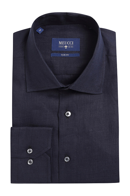 Модная мужская приталенная рубашка из льна темно-синего цвета арт. MS18033 от Meucci (Италия) - фото. Цвет: Темно-синий. Купить в интернет-магазине https://shop.meucci.ru

