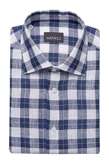 Модная мужская льняная рубашка в клетку с коротким рукавом арт. SL 902020 R 91CN/302109 от Meucci (Италия) - фото. Цвет: Сине-белая клетка. Купить в интернет-магазине https://shop.meucci.ru

