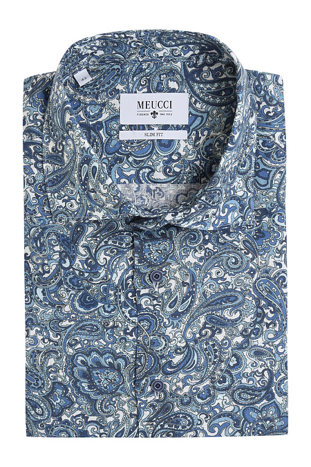 Мужская брендовая рубашка арт. SL 90100L 39152/141019 Короткий рукав Meucci (Италия) - фото. Цвет: Синий с принтом. Купить в интернет-магазине https://shop.meucci.ru


