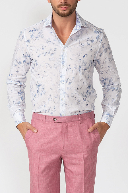 Модная мужская хлопковая рубашка с принтом арт. SL 91907 RL 32162/141184 от Meucci (Италия) - фото. Цвет: Белый с цветным принтом. Купить в интернет-магазине https://shop.meucci.ru

