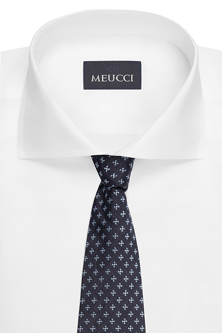 Темно-синий галстук из шелка с мелким цветным орнаментом для мужчин бренда Meucci (Италия), арт. EKM212202-25 - фото. Цвет: Темно-синий, цветной орнамент. Купить в интернет-магазине https://shop.meucci.ru
