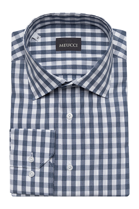 Модная мужская рубашка в крупную клетку с длинным рукавом арт. SL 902020 R 91CN/302112 от Meucci (Италия) - фото. Цвет: Белый, синяя клетка. Купить в интернет-магазине https://shop.meucci.ru

