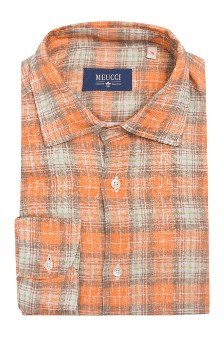 Модная мужская льняная рубашка в клетку арт. 1554219/4 от Meucci (Италия) - фото. Цвет: Оранжевый в клетку. Купить в интернет-магазине https://shop.meucci.ru

