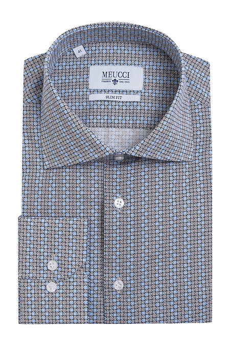 Модная мужская рубашка с длинными рукавами с принтом арт. SL90202R1090182/1634 от Meucci (Италия) - фото. Цвет: Сине-серый с голубым принтом. Купить в интернет-магазине https://shop.meucci.ru

