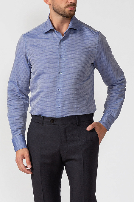 Модная мужская приталенная рубашка с микроузором арт. SL 90102 R 22472/141406 от Meucci (Италия) - фото. Цвет: Синий с микроузором. Купить в интернет-магазине https://shop.meucci.ru

