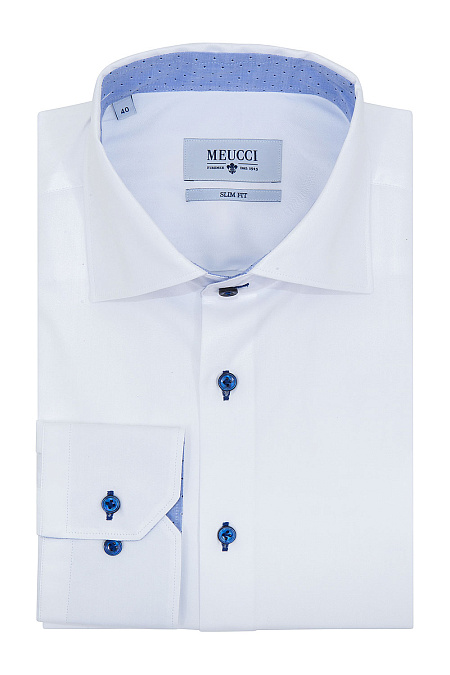 Модная мужская рубашка из хлопка белого цвета с синими пуговицами арт. SL 90102 R 20171/141276/1 от Meucci (Италия) - фото. Цвет: Белый. Купить в интернет-магазине https://shop.meucci.ru


