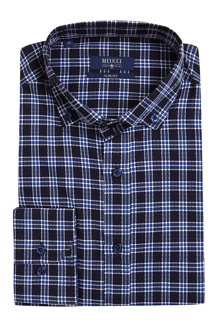 Модная мужская рубашка в клетку из тонкого хлопка арт. MW17075 от Meucci (Италия) - фото. Цвет: Черный в синюю клетку. Купить в интернет-магазине https://shop.meucci.ru

