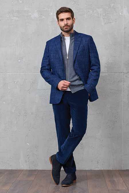 Брюки из хлопкового микровельвета синего цвета  (DV 1060 Dk.BLUE) Мужские брендовые брюки из хлопкового микровельвета синего цвета  арт. DV 1060 Dk.BLUE Meucci (Италия) - фото. Цвет: Синий. Купить в интернет-магазине https://shop.meucci.ru