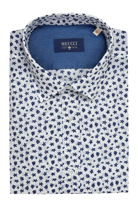 Модная мужская хлопковая рубашка с короткими рукавами арт. 1554214/7 от Meucci (Италия) - фото. Цвет: Белый с принтом. Купить в интернет-магазине https://shop.meucci.ru

