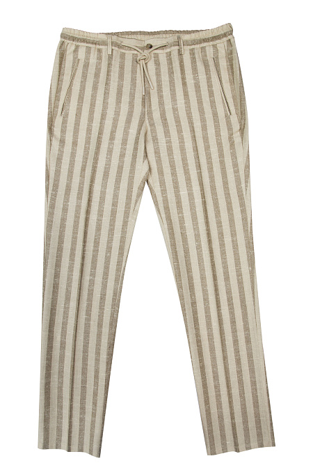 Мужские брендовые брюки в бежево-коричневые полосы из смеси шерсти, шелка и льна арт. SP-ZG 7134 BEIGE Meucci (Италия) - фото. Цвет: Бежевый / светло-коричневый. Купить в интернет-магазине https://shop.meucci.ru
