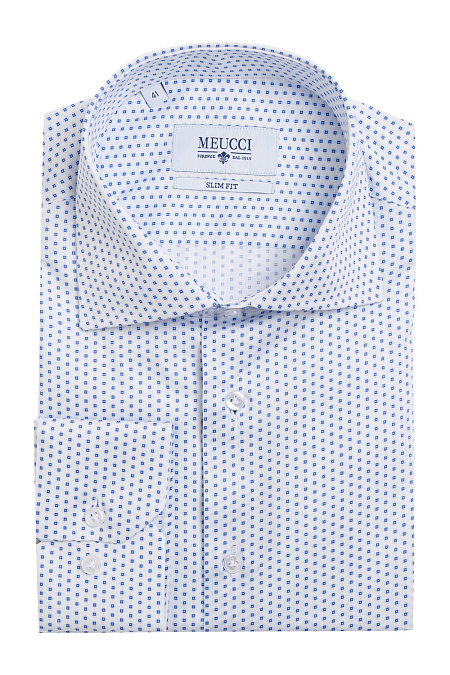 Модная мужская белая рубашка с синим орнаментом арт. SL90202R100182/1631 от Meucci (Италия) - фото. Цвет: Белый с орнаментом. Купить в интернет-магазине https://shop.meucci.ru

