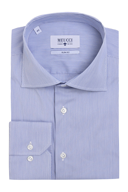 Модная мужская рубашка в полоску с коротким рукавом арт. SL 90202 R 12171/151557K от Meucci (Италия) - фото. Цвет: Голубой в полоску. Купить в интернет-магазине https://shop.meucci.ru

