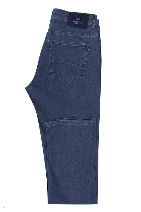 Мужские брендовые тонкие легкие джинсы с синей отстрочкой  арт. LUEC REG 2529 Meucci (Италия) - фото. Цвет: Синий. Купить в интернет-магазине https://shop.meucci.ru
