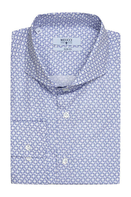 Модная мужская приталенная рубашка с принтом арт. SL 93107 R 32162/141211 от Meucci (Италия) - фото. Цвет: Белый, синий принт. Купить в интернет-магазине https://shop.meucci.ru


