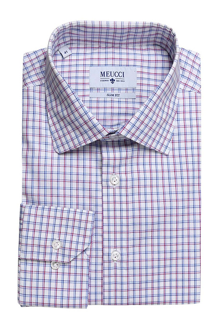 Модная мужская приталенная рубашка в клетку арт. SL 90202 R 29162/141160 от Meucci (Италия) - фото. Цвет: Белый, красно-синяя клетка. Купить в интернет-магазине https://shop.meucci.ru

