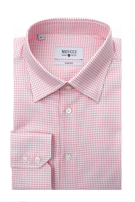 Модная мужская розовая рубашка в мелкую клетку арт. SL 9207801 R 35162/151240 от Meucci (Италия) - фото. Цвет: Белый в красную клетку. Купить в интернет-магазине https://shop.meucci.ru

