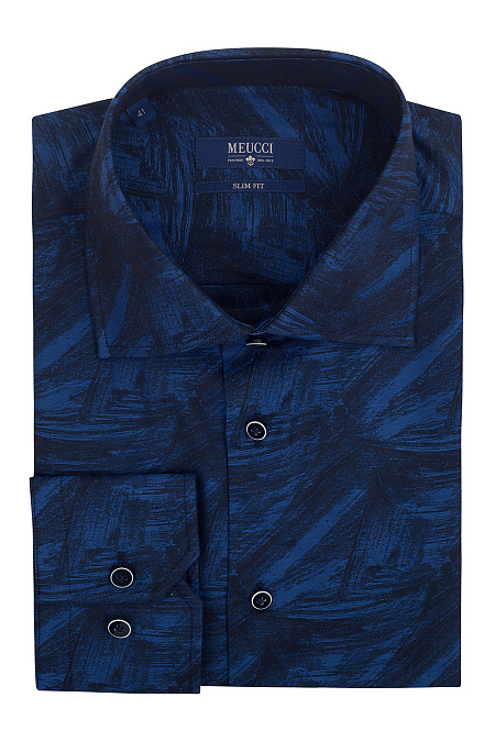 Модная мужская темно-синяя рубашка с принтом арт. SL 9202302 R 32172/151388 от Meucci (Италия) - фото. Цвет: Темно-синий с принтом. Купить в интернет-магазине https://shop.meucci.ru


