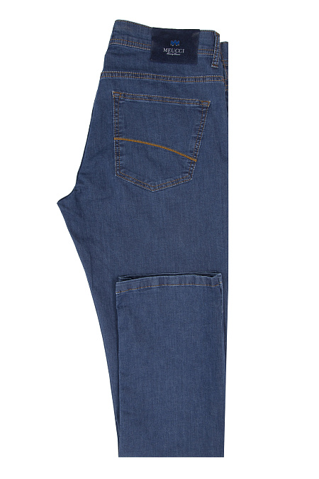 Мужские брендовые тонкие легкие джинсы с оранжевой отстрочкой  арт. LUEC REG 2528 Meucci (Италия) - фото. Цвет: Синий. Купить в интернет-магазине https://shop.meucci.ru
