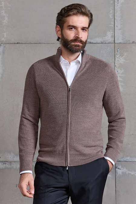 Кофта на молнии из мериносовой шерсти бежево-коричневая  (FULLZIP/7M0078 Lt.BROWN)