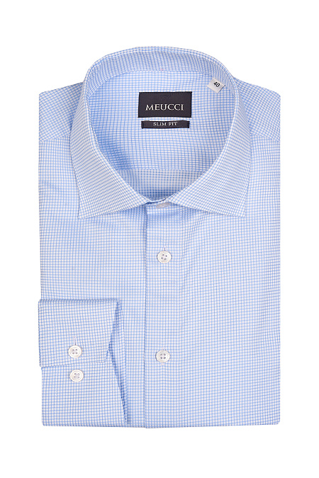 Модная мужская рубашка с длинным рукавом в синюю клетку  арт. SL 0191200714 R CEL/220218 Meucci (Италия) - фото. Цвет: Белый в синюю клетку. 