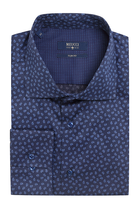 Модная мужская хлопковая рубашка с принтом арт. SL 90105 R 32171/141580 от Meucci (Италия) - фото. Цвет: Темно-синий, принт. Купить в интернет-магазине https://shop.meucci.ru

